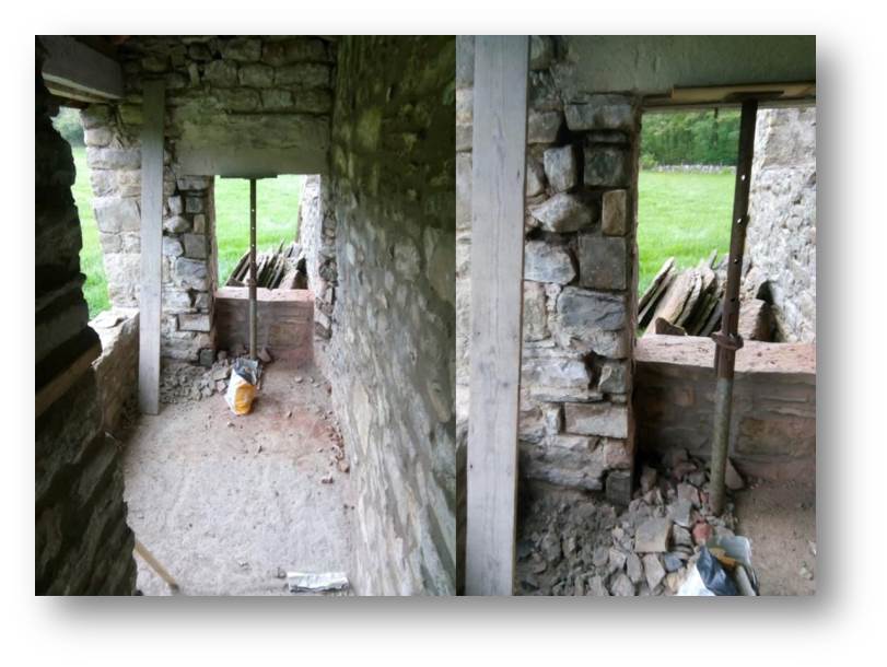 Rear seating area being propped whilst the brick and concrete is removed