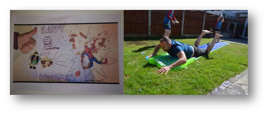 One of the pieces of artwork and a pic of me showing the kids how a slip-n-slide is supposed to be used!