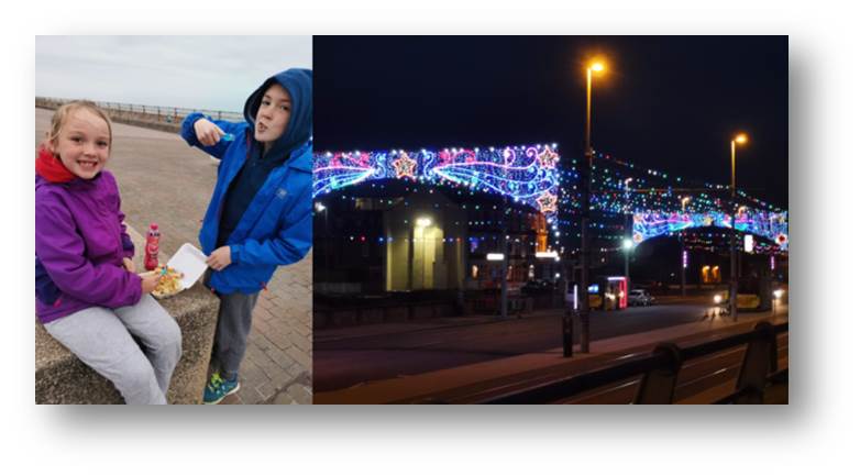 Adam tucking into his nut-safe chippy tea and the illuminations at Blackpool